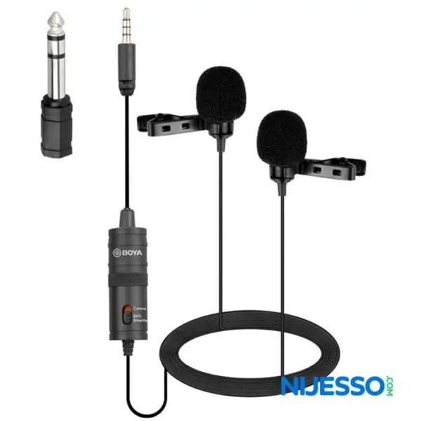 Boya M1DM microphone showcase product black color and wire with two head microphone included with Nijesso Logo