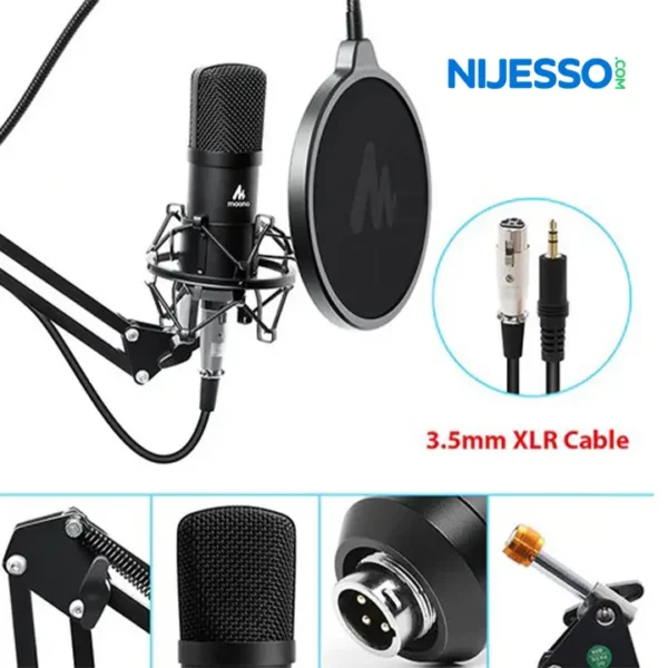 Maono AU A03 Microphone with Shock Absorber and stand showing microphone connectivity and stand quality