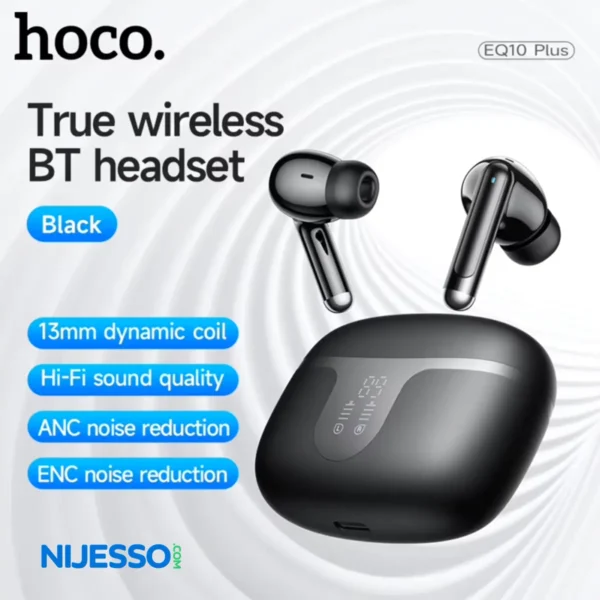 HOCO EQ10 Plus ANC ENC Noise Reduction Wireless BT 5.4 Earphone LED Display Charging Box HiFi Audio Stereo Headset Dual Connect- Black Color